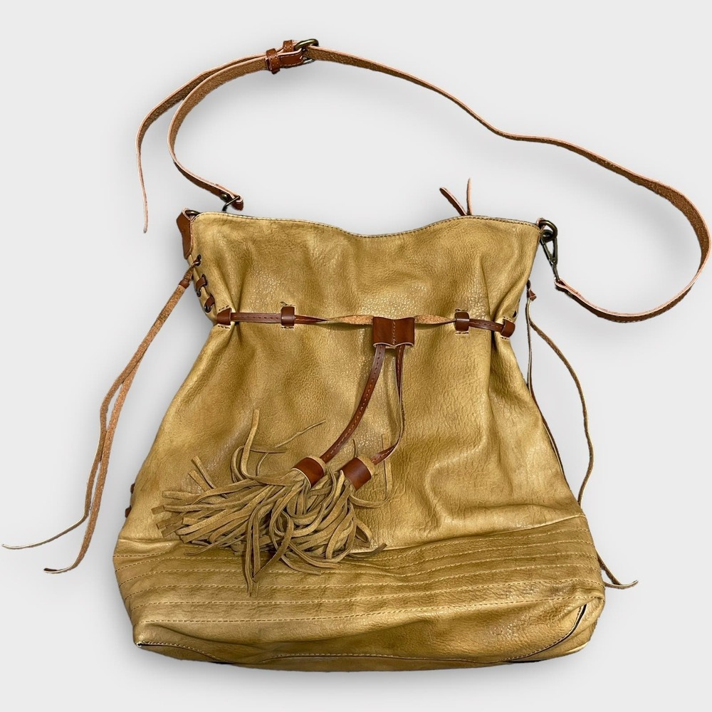 Alter'd state large boho faux leathr bag drawstring tassle closure